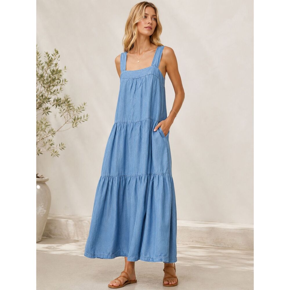 Veronica Beard Chambray Tiered Maxi Dress Size 12 Blue Denim Sundress Pockets